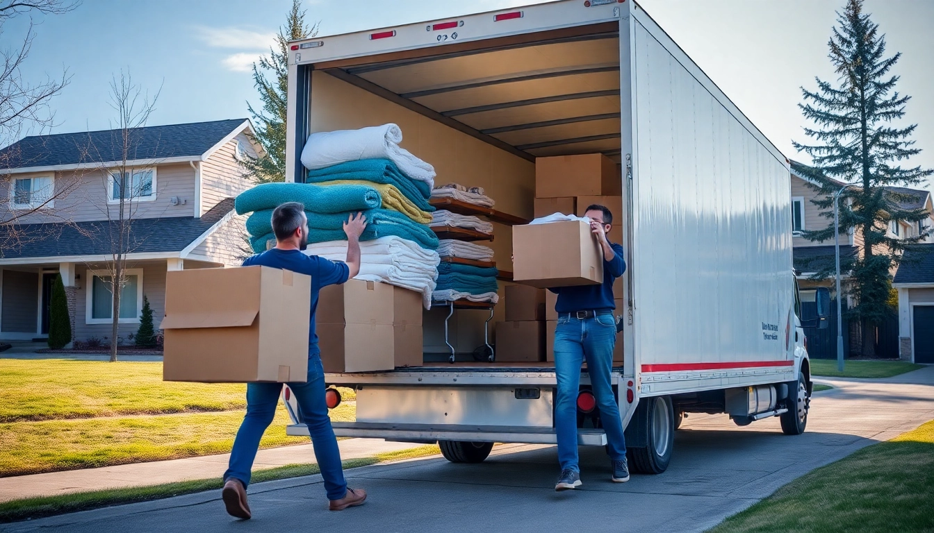 Calgary moving specialists efficiently packing and loading a moving truck in a Calgary neighborhood, showcasing professional service.
