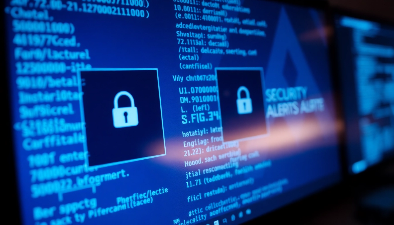 Analyze https://sys32win.com/ with cybersecurity alerts and digital code to depict malware security monitoring and protection.