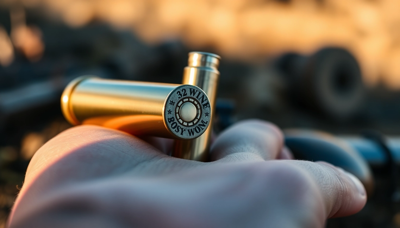 Detailed shot of a 32WIN cartridge, highlighting its design and caliber, set against a hunting setting emphasizing professional firearm craftsmanship.