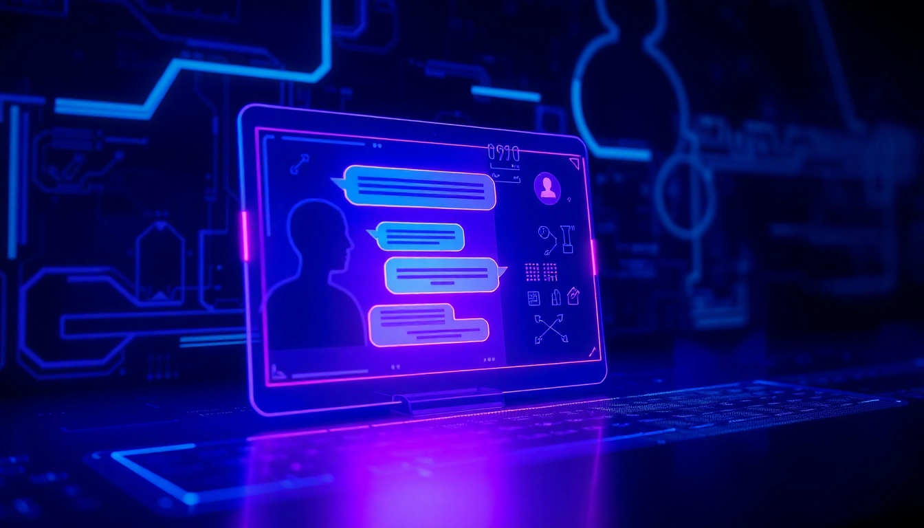 Futuristic AI chat interface with neon colors and holographic elements