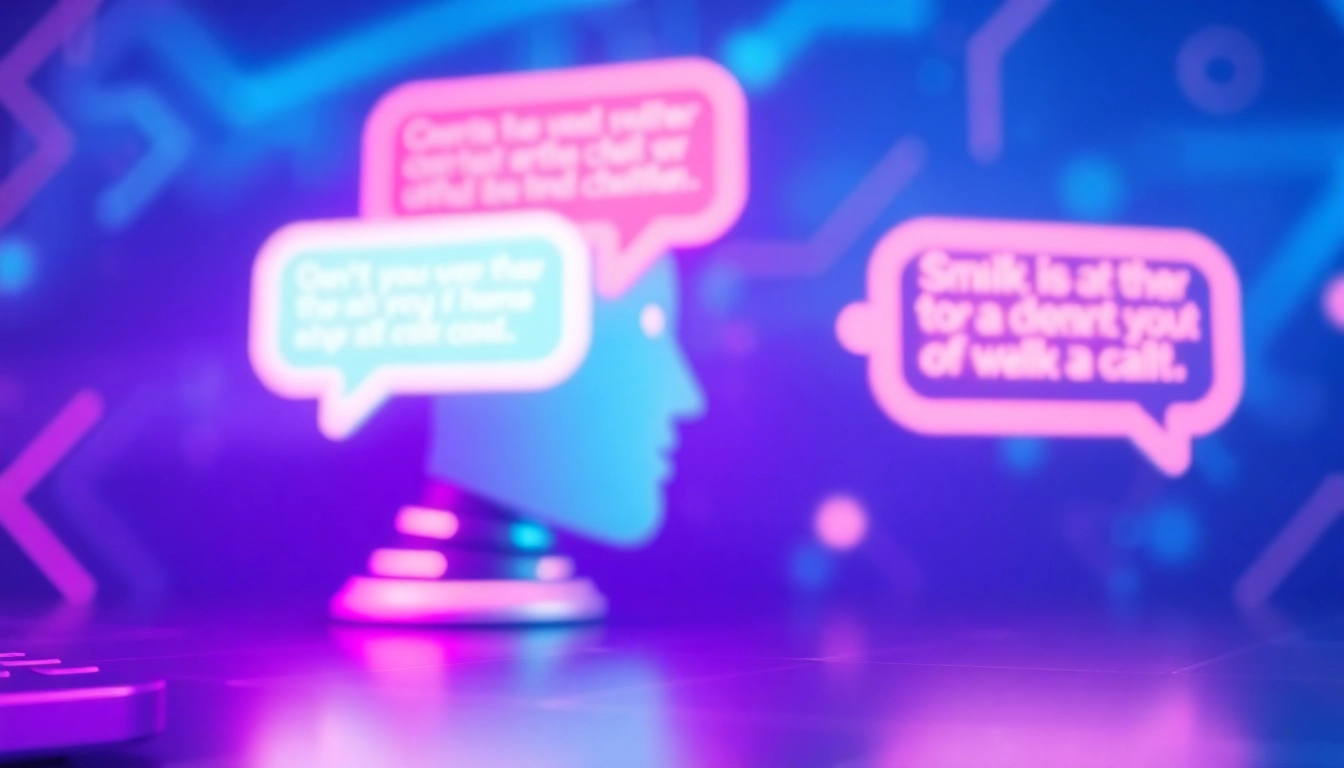 Futuristic AI chat interface with glowing text bubbles and neon accents in a high-tech environment.