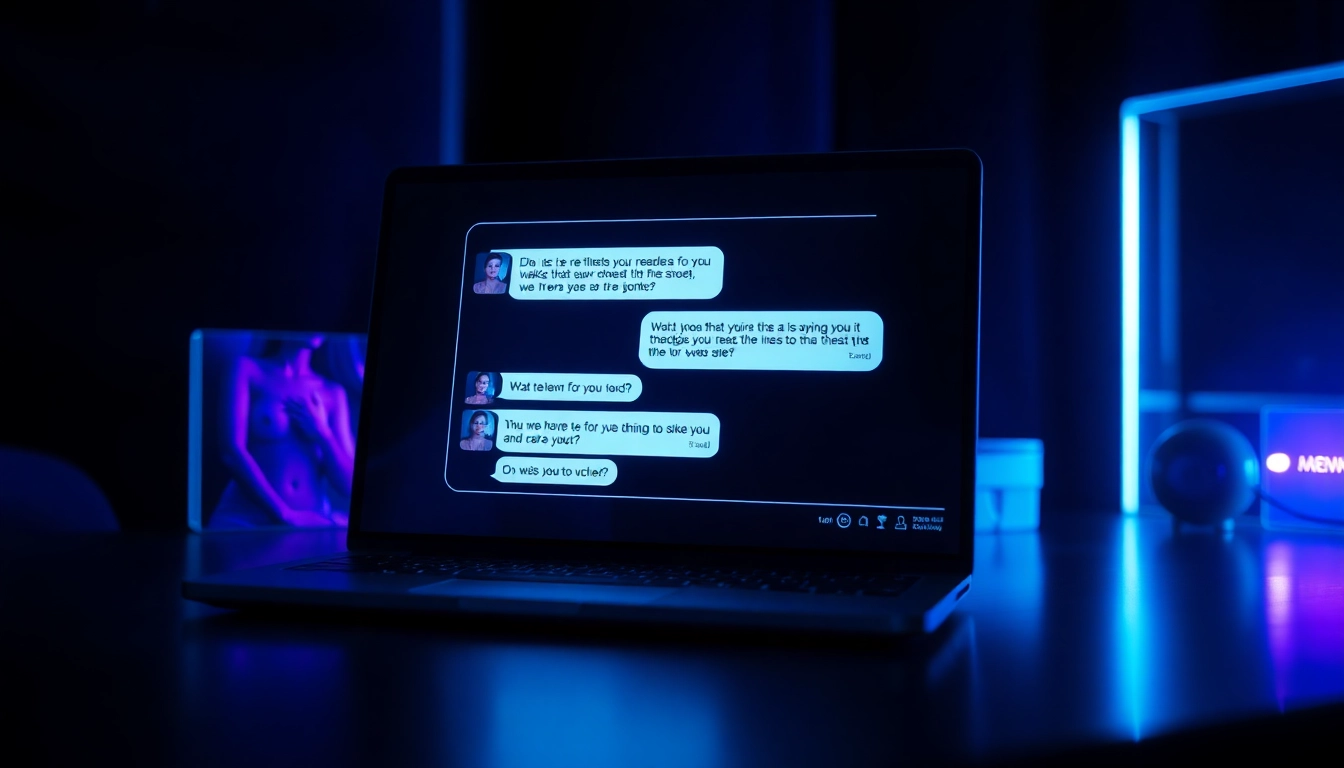 An abstract digital interface with flirtatious chat messages and neon lighting, creating a seductive, futuristic atmosphere.