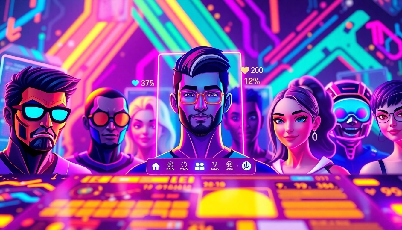Futuristic social media interface with diverse avatars and vibrant neon colors