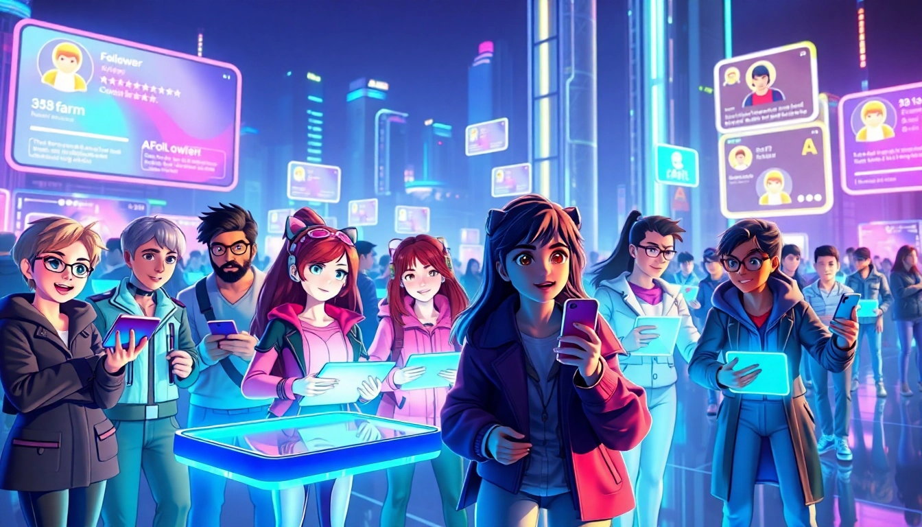 Futuristic social media scene with characters interacting with holographic devices in a vibrant, neon-lit virtual environment.