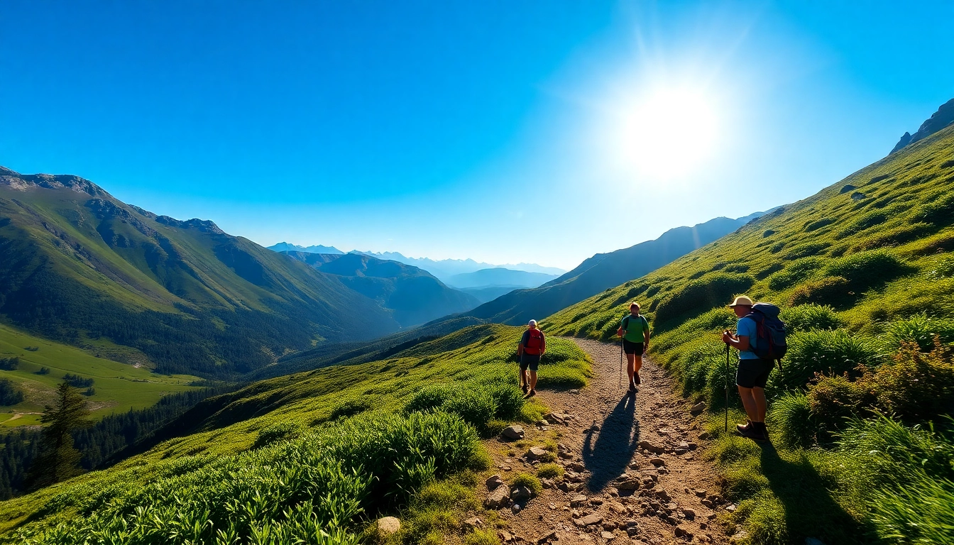 Guided trek through scenic mountains with a knowledgeable guide leading a group, showcasing natural beauty and adventure.