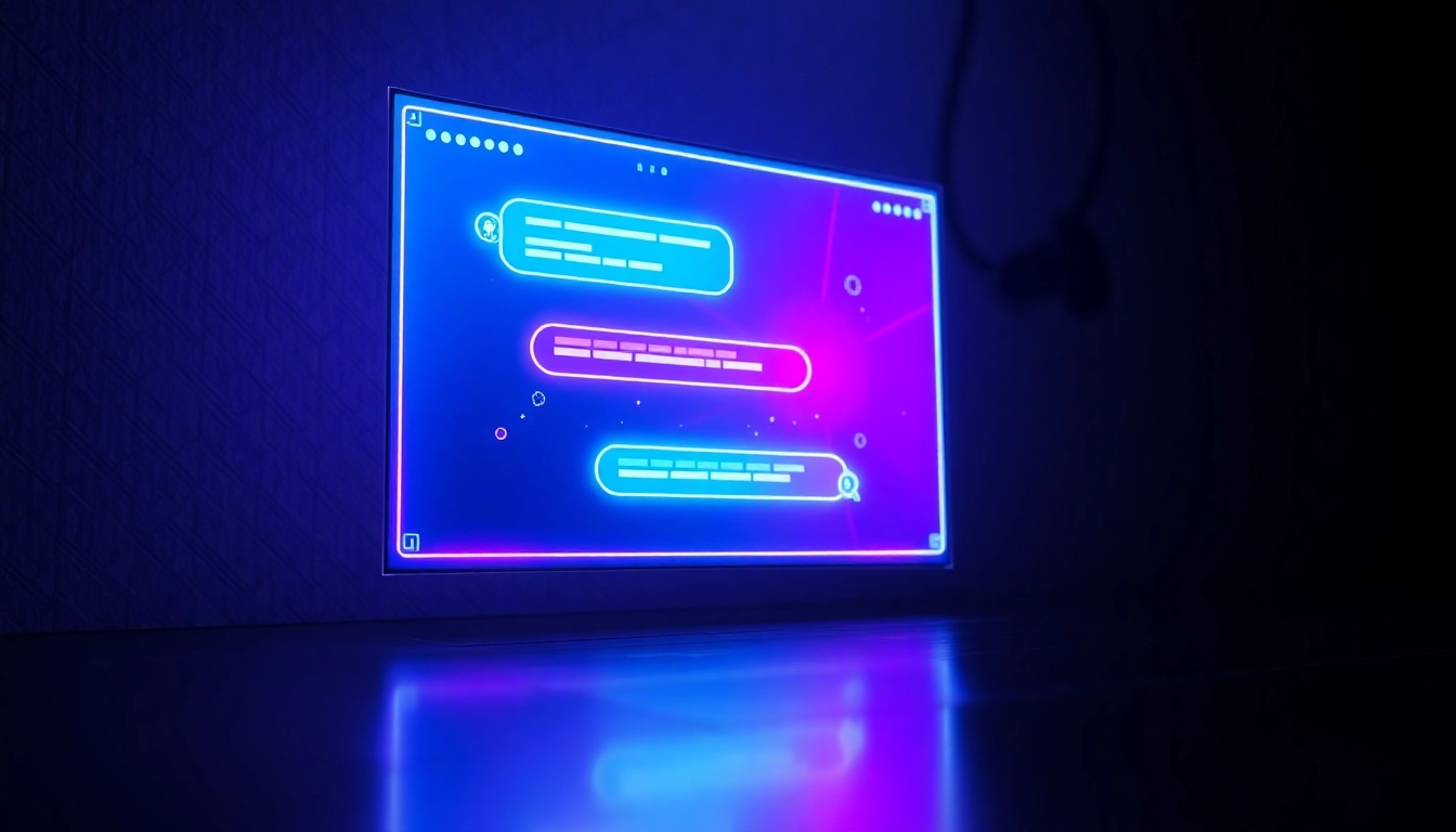 An advanced AI chatbot interface displayed on a sleek digital screen with neon glow effects in a high-tech environment.