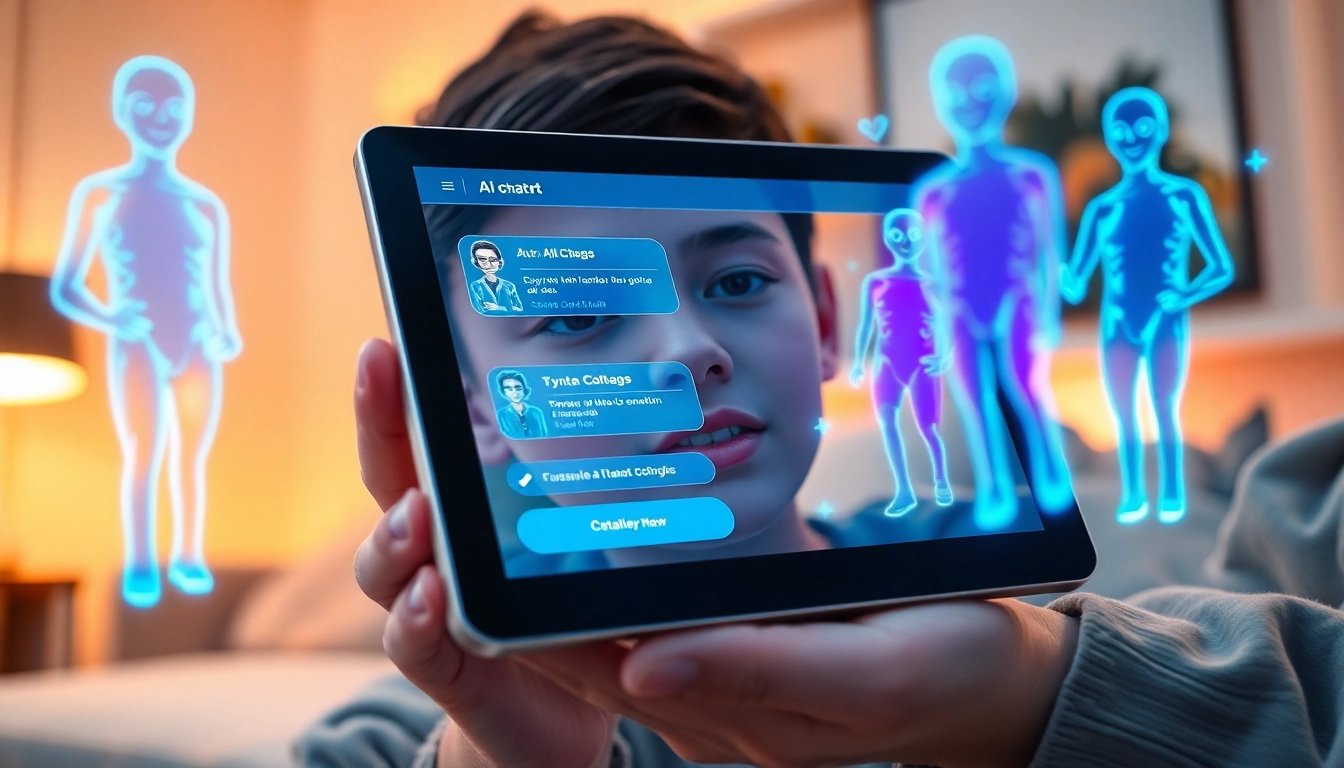 Person interacting with a holographic AI character on a tablet in a modern, cozy room.