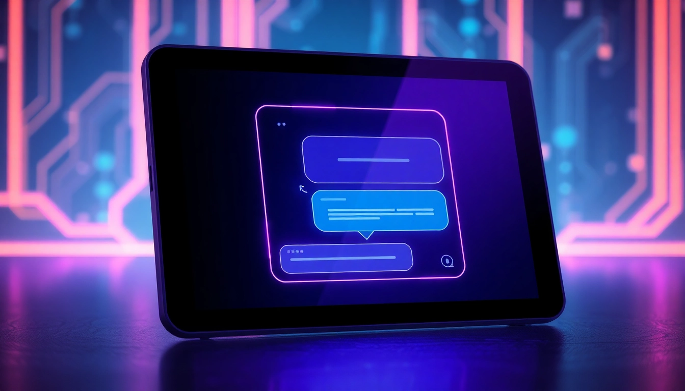 Futuristic AI chatbot interface on a sleek tablet with neon accents and digital circuitry background.
