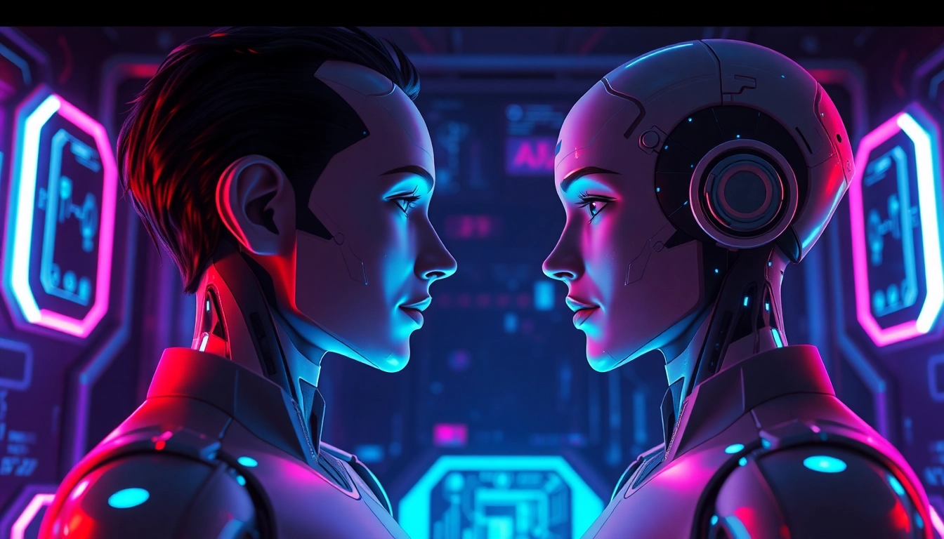 Two AI characters having an intimate conversation in a high-tech digital environment with neon lighting.