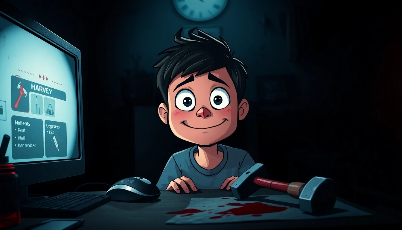 A disturbing scene of Harvey, a cheerful character, in a dark room with violent tools and a flickering screen, illustrating moral horror.