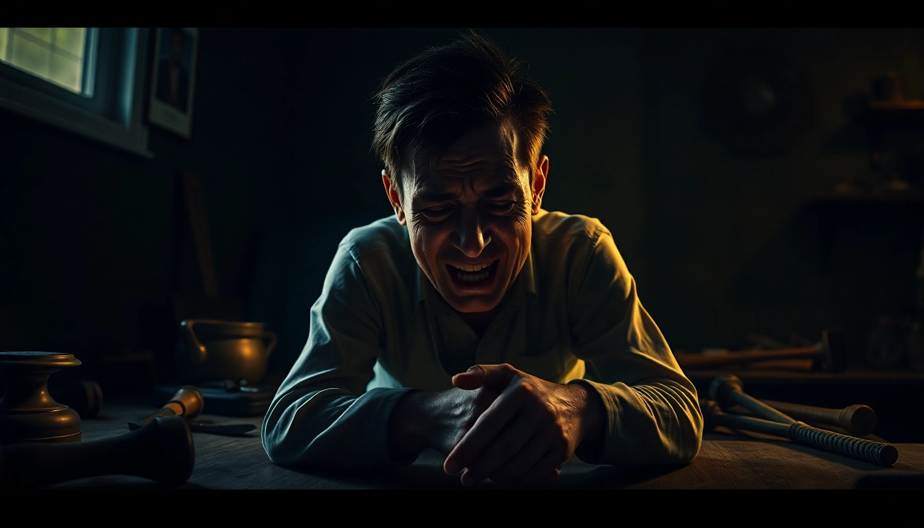 A distressed Harvey sitting in a dark room with sinister tools around him, showing suffering and fear.