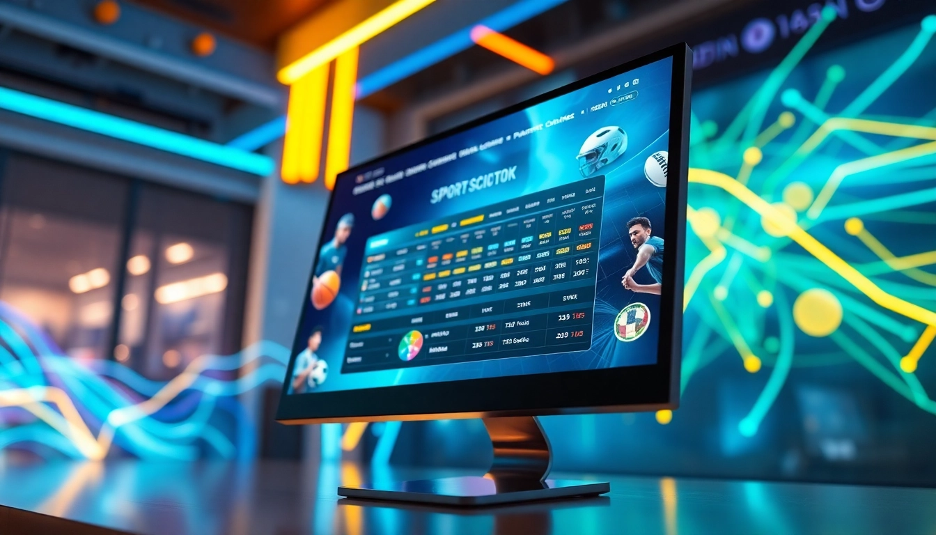 Digital sportsbook and casino interface with sports icons and vibrant neon accents