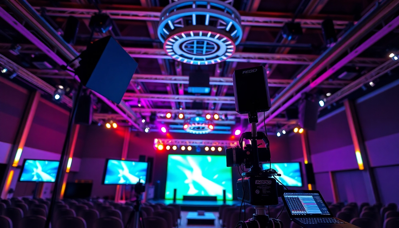 Professionelle Veranstaltungstechnik für Konferenzen Köln bei einem modernen Event in Köln, mit Licht- und Tontechnik im Einsatz.