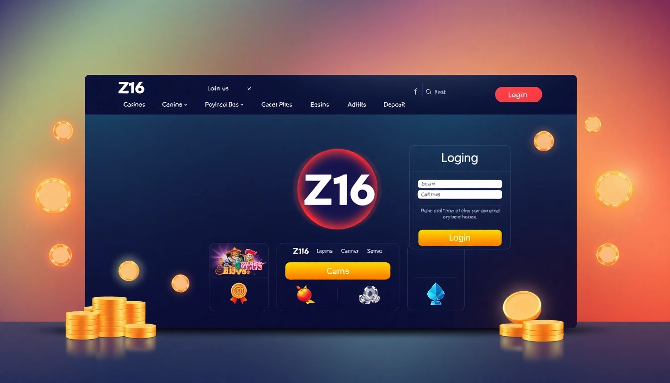 Professional scene showing z16 web platform with secure login, colorful casino game icons, and