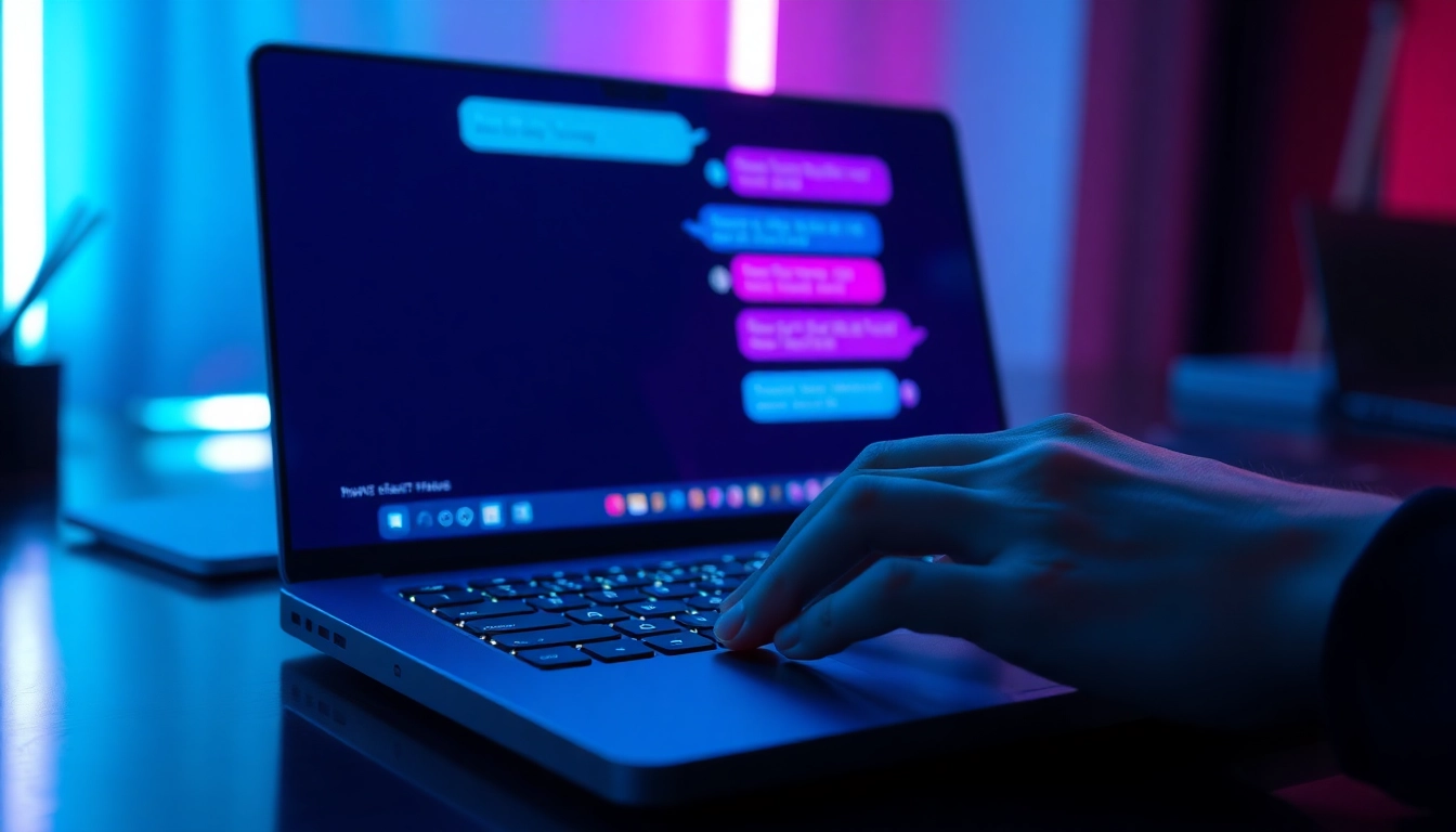 Close-up of a person typing on a futuristic digital device with vibrant chat bubbles on the screen.