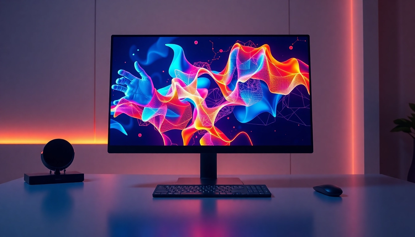 A modern workspace showcasing a computer screen with vibrant AI-generated images and digital code, symbolizing advanced AI image editing technology.