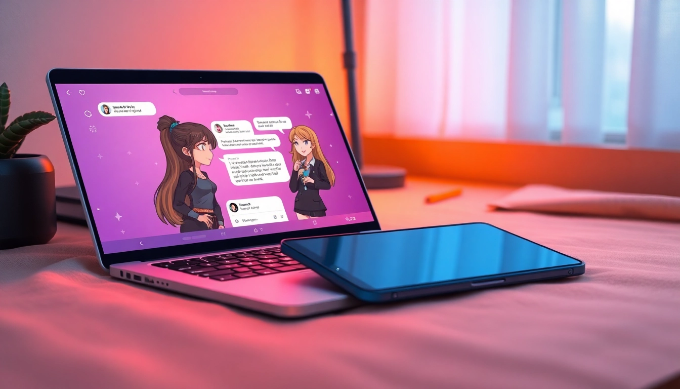 A modern workspace with smartphone and laptop displaying AI chat conversations with animated characters in a cozy setting.