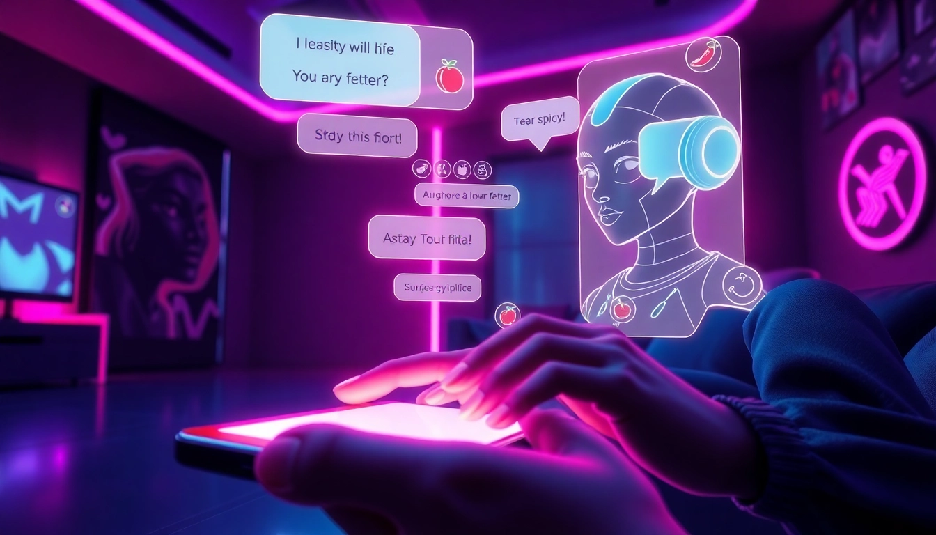 An alluring AI chatbot interface on a digital device with neon-lit holographic elements and a suggestive avatar in a dark, modern setting.