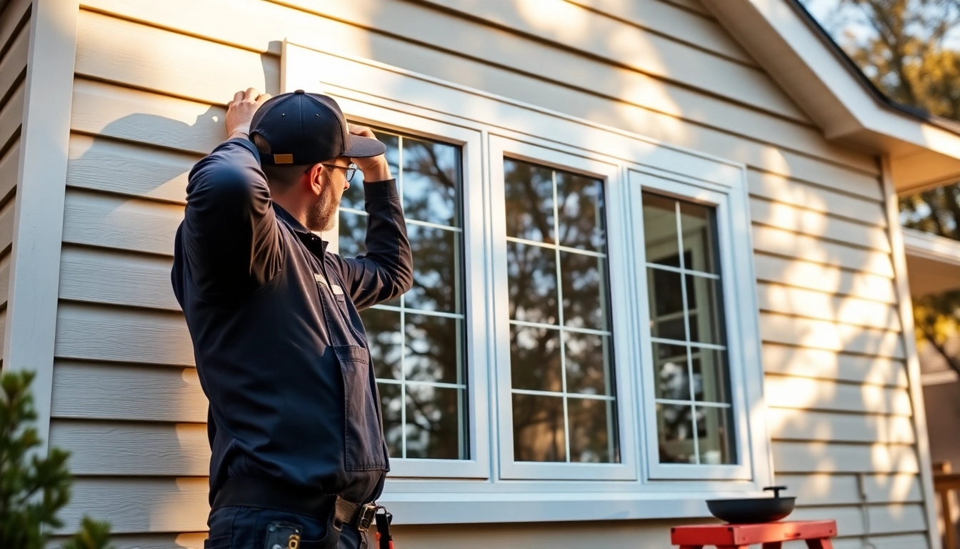 Professional Window Installers Near Me installing a double-hung window on a sunlit home.