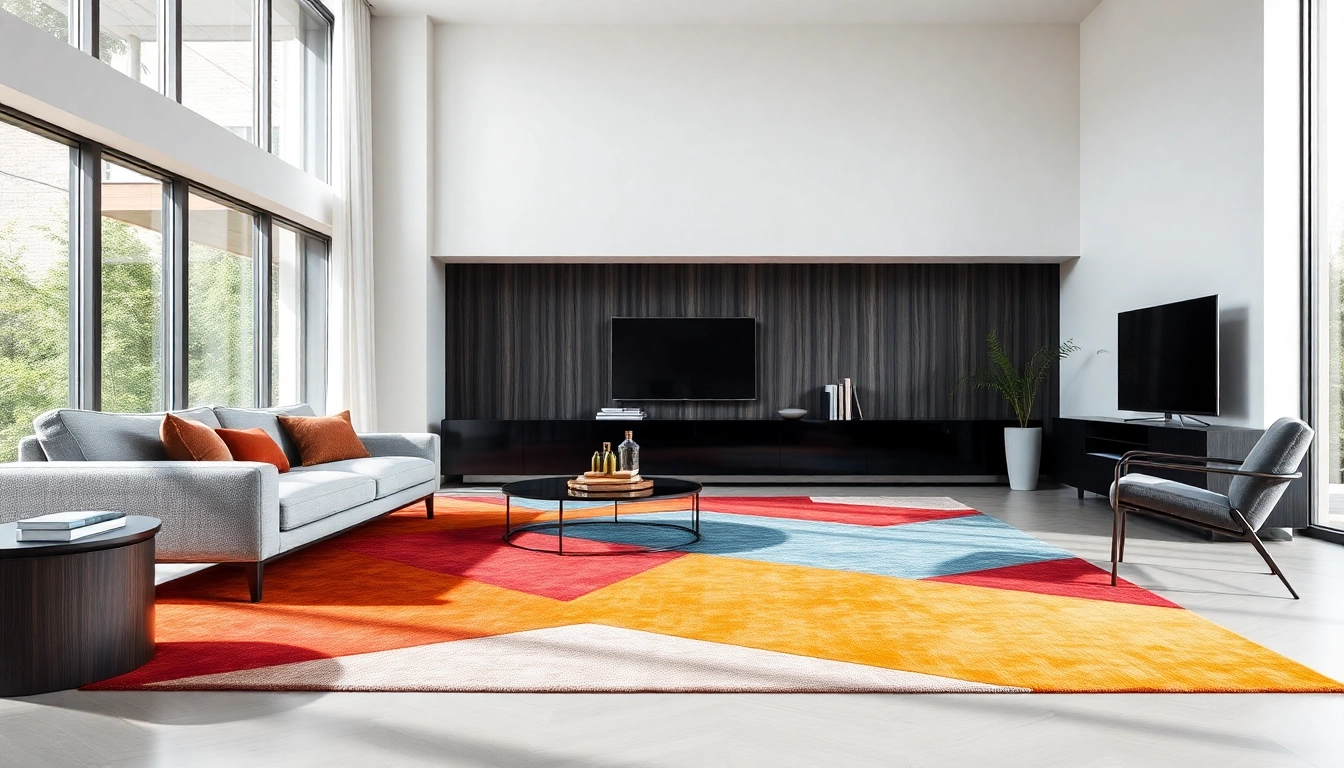 Stylish living room with vibrant Tappeti moderni Milano adding contemporary elegance and color