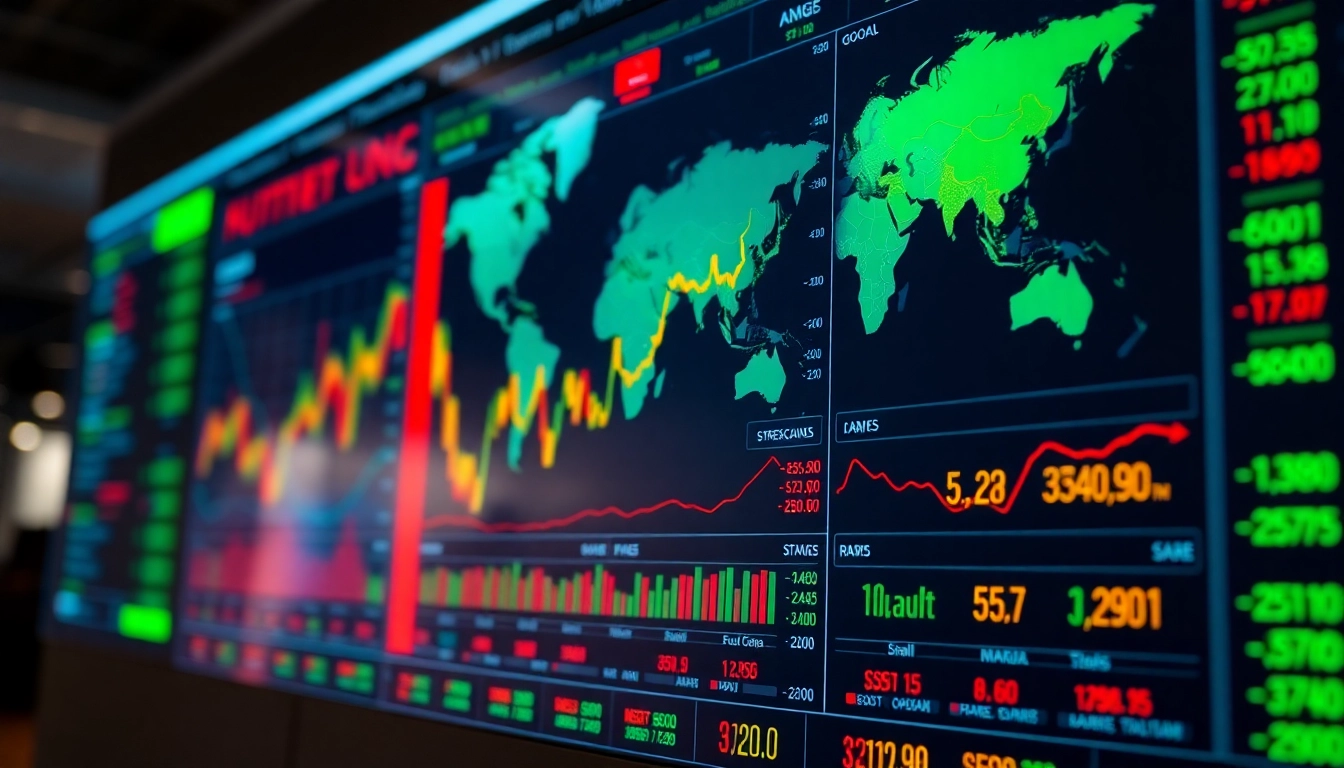 Global Trading News updates showing stock charts, gold records, and currency movements on a