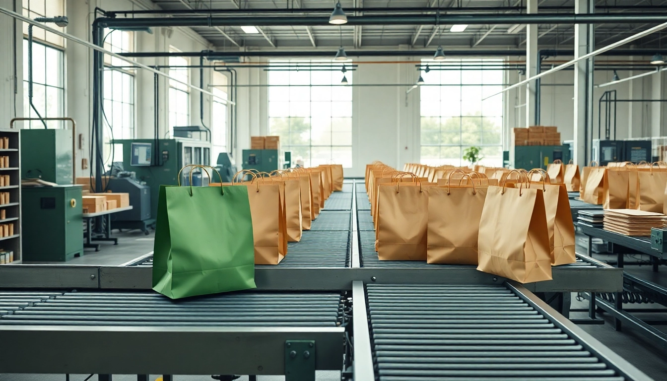 Eco-friendly paper bag being manufactured in a modern facility with eco materials emphasizing
