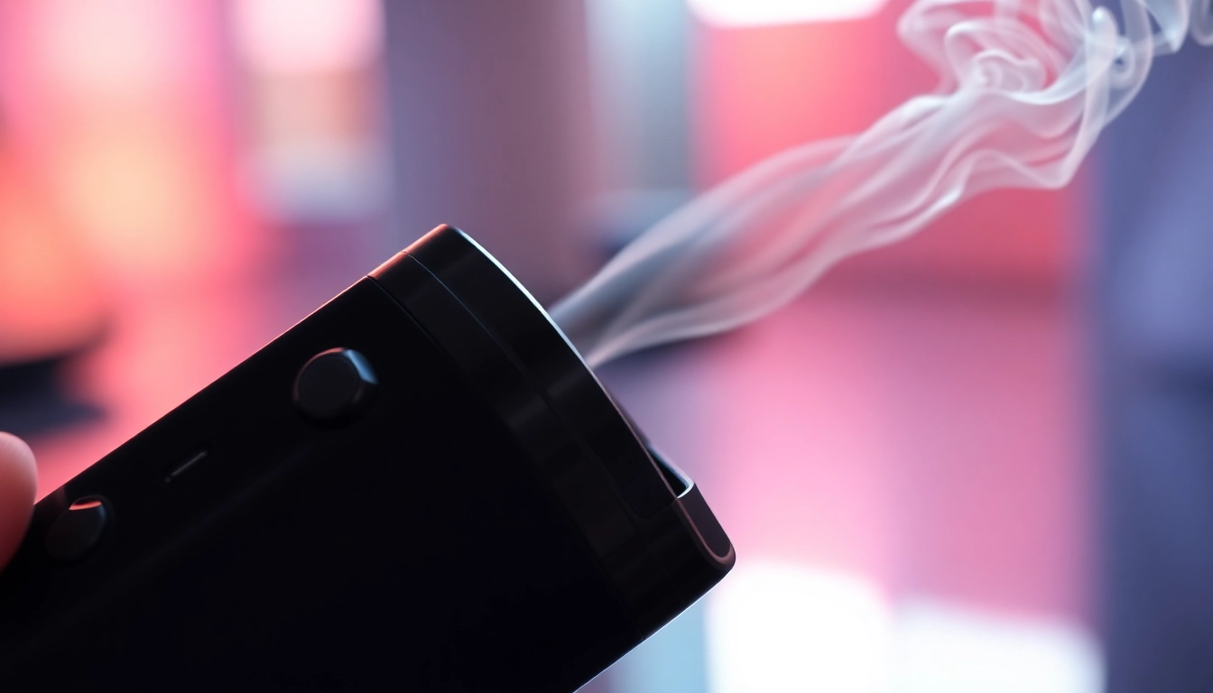 An e-cigarette device emitting vapor, highlighting modern design and vapor clouds, for