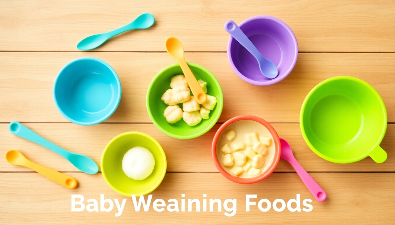 Vibrant baby weaning foods display in silicone bowls with utensils for healthy infant nutrition